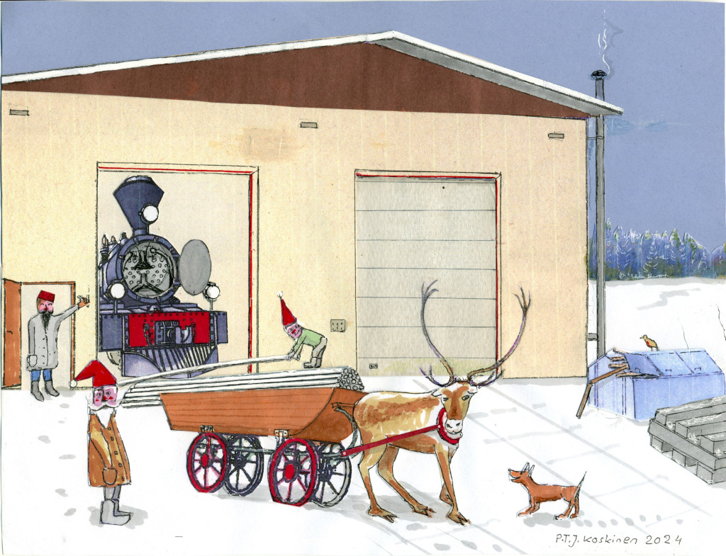 Santa is arriving with his carriage full of locomotive tubes in front of Minkiö shop.
